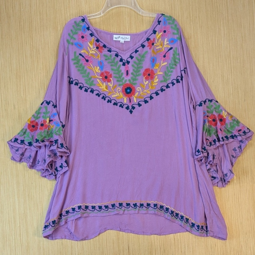 Angel Heart Boutique Boho Fairy Purple Embroidered Bell Sleeve Blouse Top 2X NEW